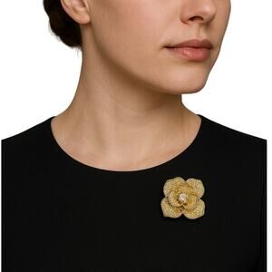 Handmade Gold-Tone Textured Flower Brooch with Rhinestone Center NWB